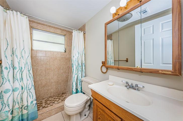Main bathroom which has porcelain floor tile and a tiled shower