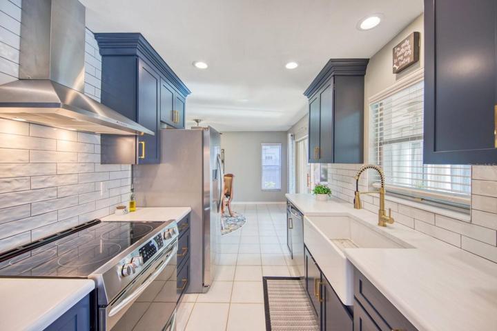 New kitchen w Kraftmaid wood cabinets with crown molding & pullouts~