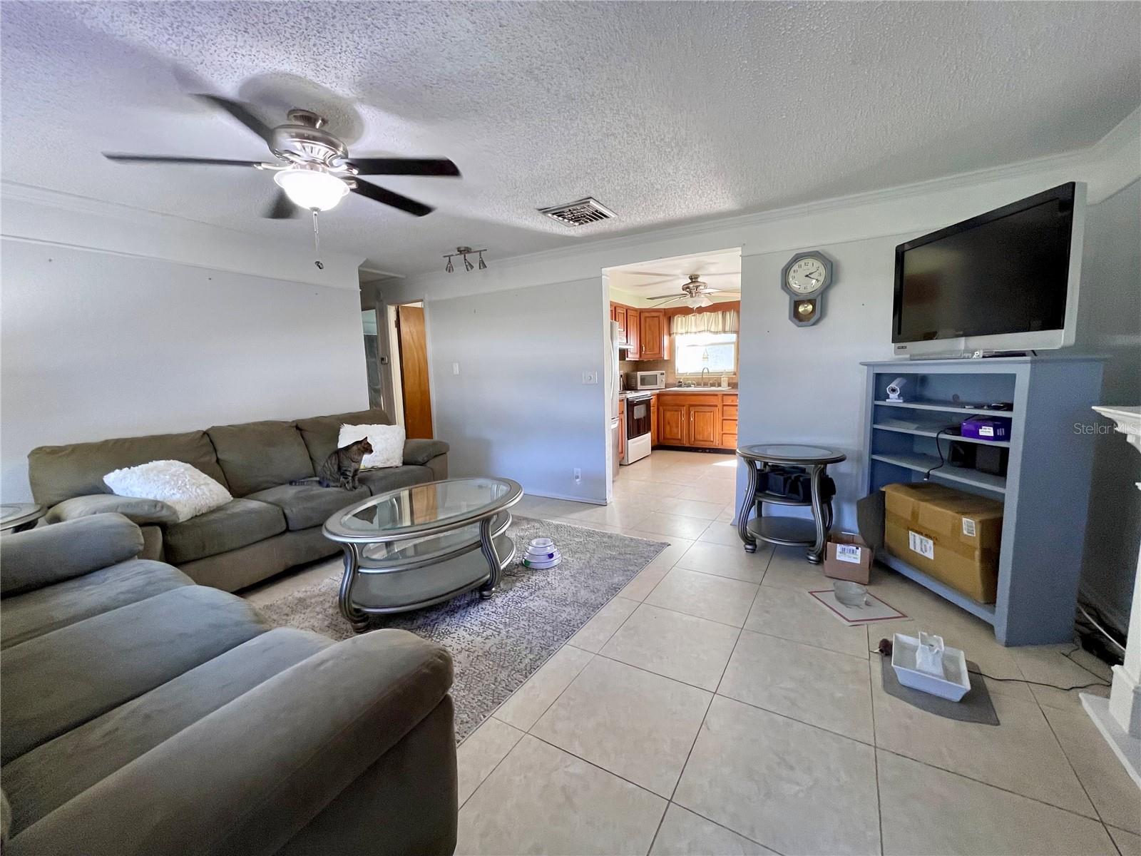 Spacious living room with crown molding, ceramic tile floors