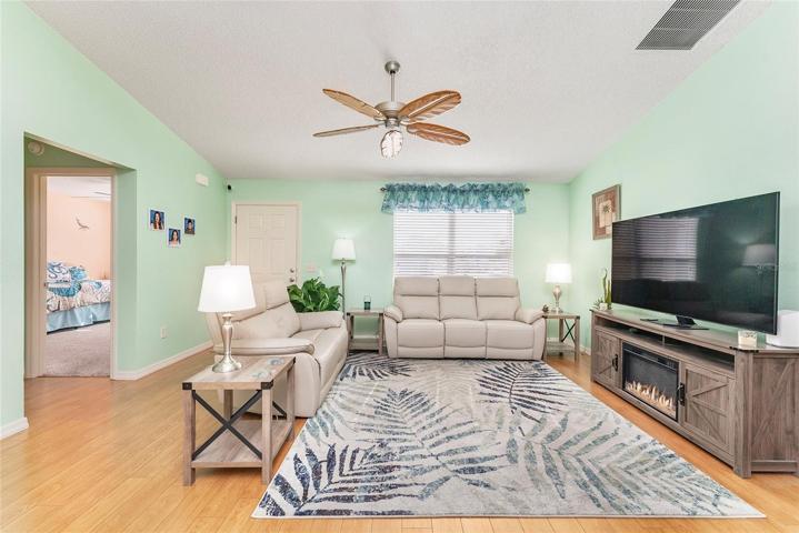View of LIVING ROOM - Shows HALLWAY (on L) to BR #2 (front) & BATH #2, FRONT ENTRANCE (L center) and fireplace in TV console (R)