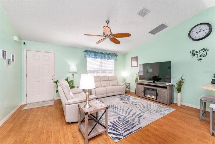 LIVING ROOM - FOYER (L), CATHEDRAL CEILING over main living area, designer CEILING FAN with carved palm frond fan blades, & electric fireplace all make this a cozy space!