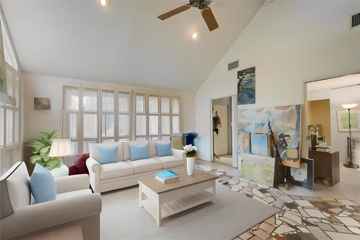 Living room with fireplace. Virtually staged
