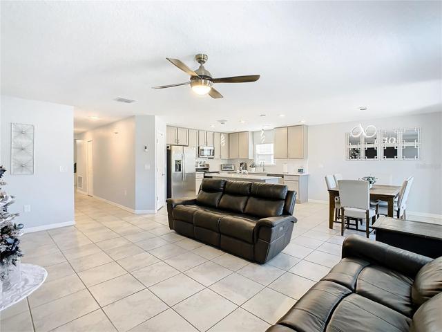 Overview of Family Room and Kitchen.