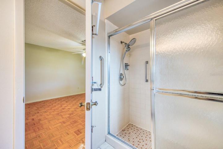 Step in tile shower with safety bars and sturdy glass doors~