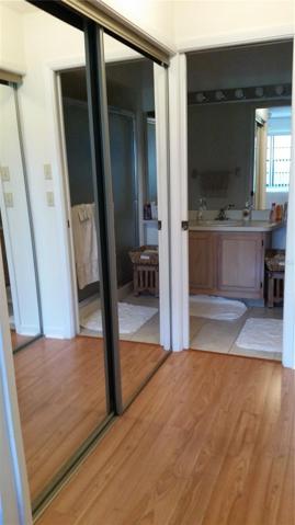 Master bath has mirrored doors