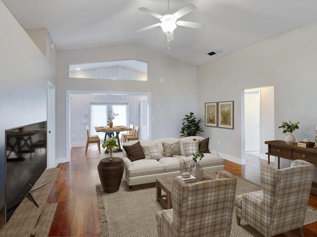 Staged family and dining room.