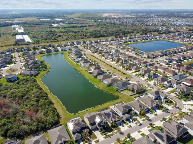 Aerial view of the fish filled pond behind the home.