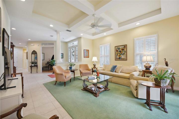 Spacious great room with tray ceilings.
