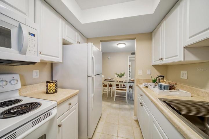 Nice and neutral cabinets and lots of light from kitchen window!
