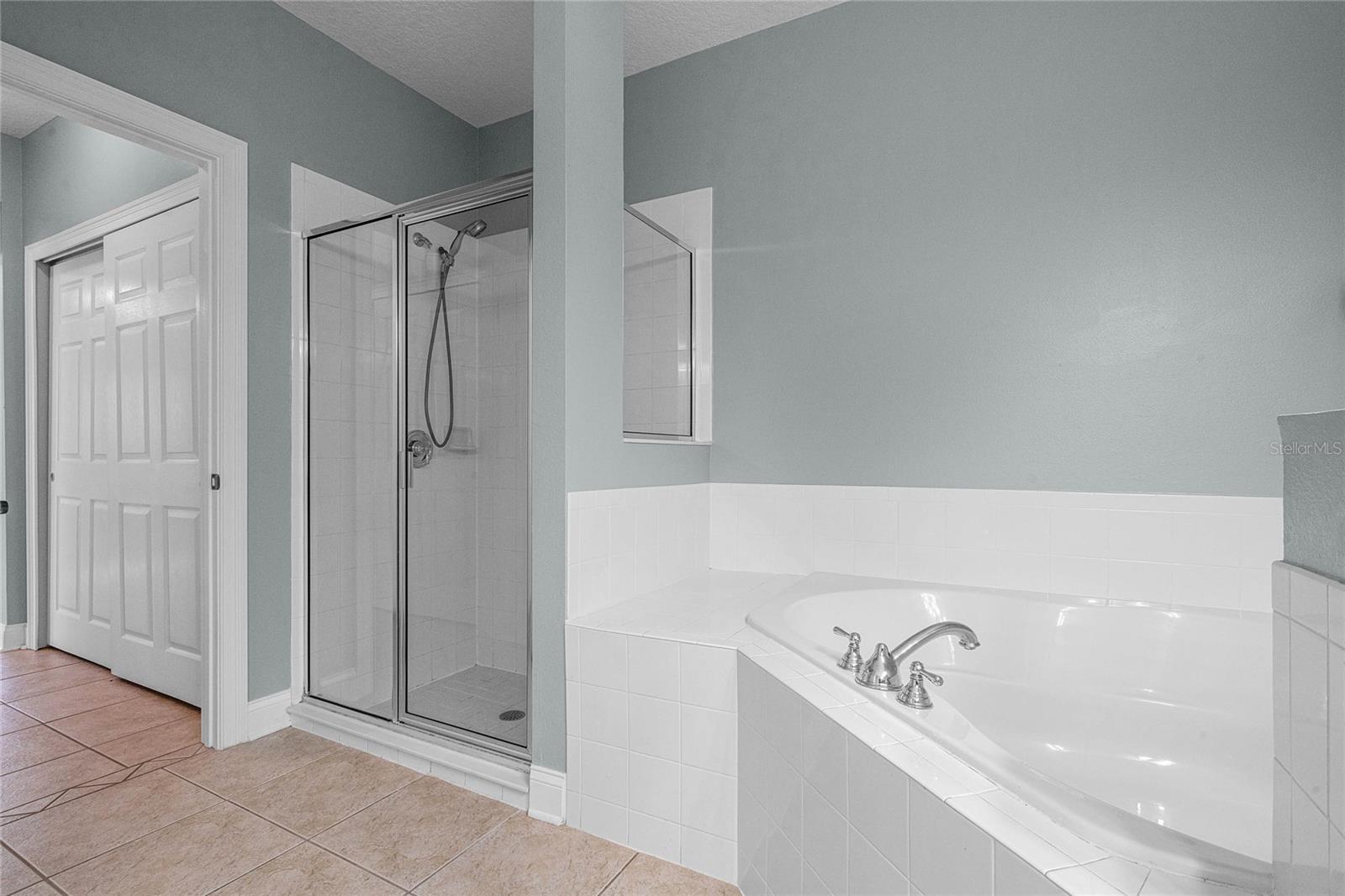 Master bathroom with soaking tub and separate glass shower stall