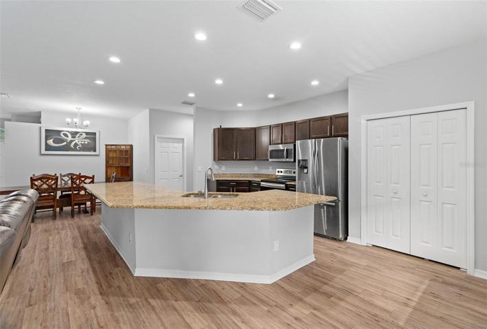 Spacious kitchen island with counter height seating
