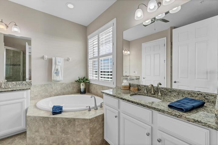 Main Master Bath has dual vanities, a soaking tub & separate shower