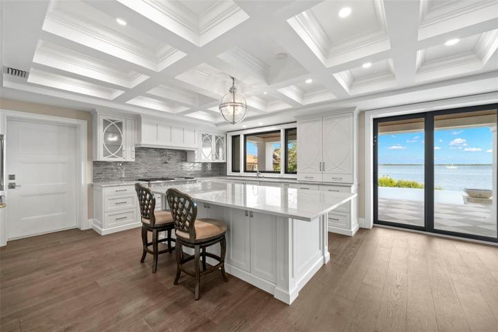 Chef's Kitchen with coffered ceilings