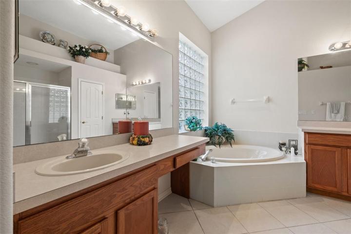 Primary bathroom with walk in shower, soaking tub and dual vanities