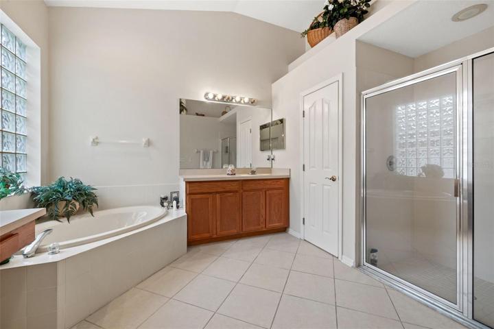 Primary bathroom with walk in shower, soaking tub and dual vanities