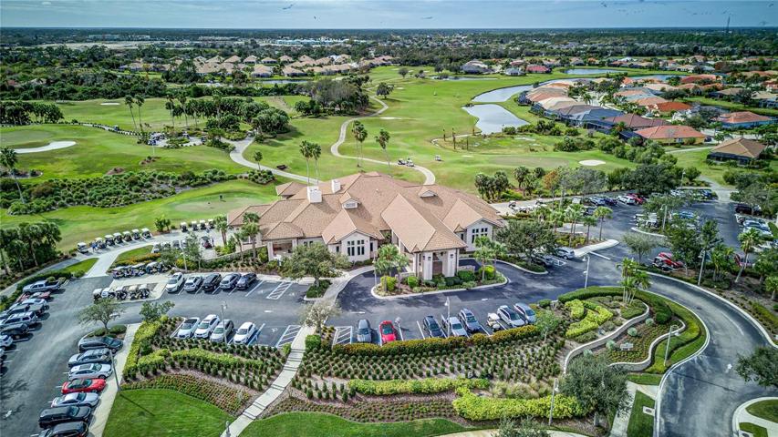 Clubhouse, 2 story with restaurant and golf shop. Driving range and chipping area is to the left.