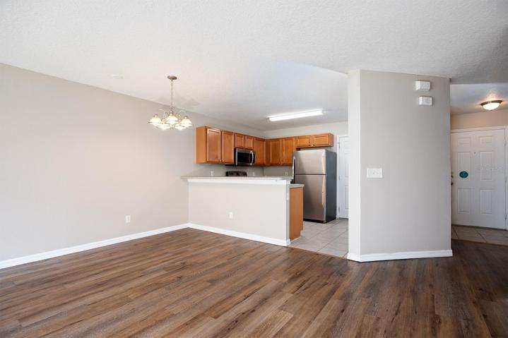 Kitchen overlooking the living room and dining room