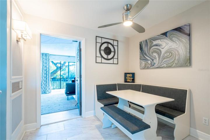 A dinette flanks the kitchen.