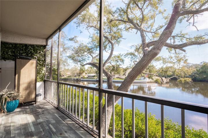 The balcony has a view of the canal that leads to Old Tampa Bay