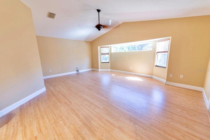 Huge family/great room right off the kitchen with room for a dinette or pub table. Leads into the library/office/den