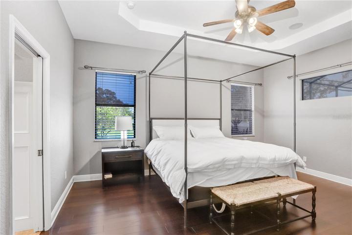 PRIMARY BEDROOM - DOOR ON LEFT LEADS TO 2 WALK-IN CLOSETS & PRIMARY BATH (GARDEN TUB,WALK-IN SHOWER, WC, DOUBLE VANITY - (NOT SHOWING IN THIS PHOTO IS A DOOR LEADING TO THE COVERED/SCREENED-IN LANAI/POOL)