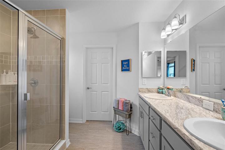 Double sink vanity, tile shower, walk-in closet