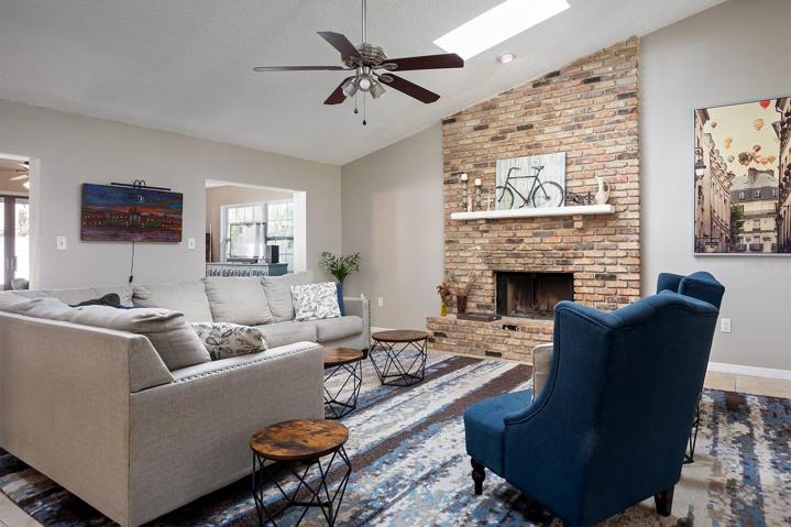 Living Room with wood burning fireplace