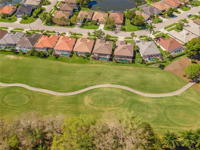 Aerial golf cart view and line of homes