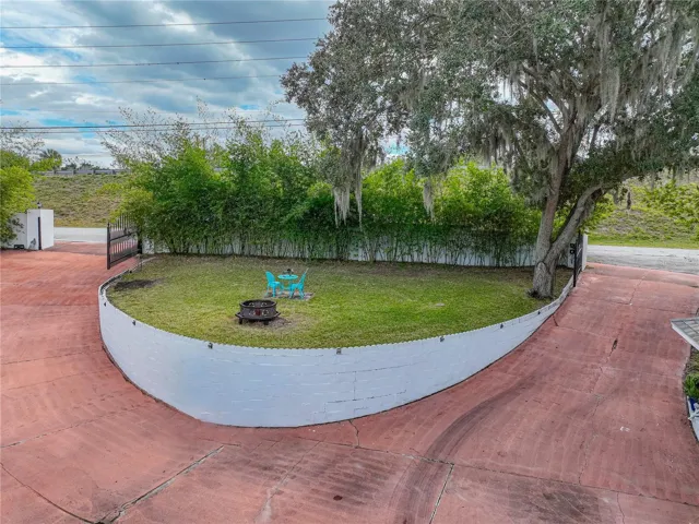 Green area in the center of the circular drive.