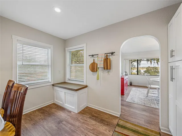 Corner in kitchen--bench is great for storage.  Pantry cabinets are to the right .