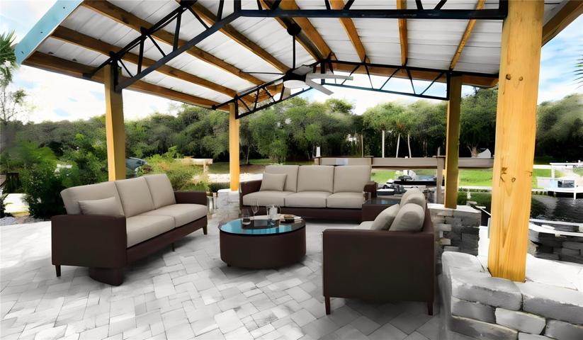 Cozy living area under pavilion