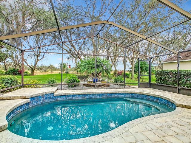 Step out the back door and enjoy the beauty of your screened lanai with a 12’ x 20’ heated pool with spa jets and waterfall