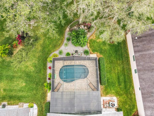 Aerial view of the pool/lanai and back yard area.