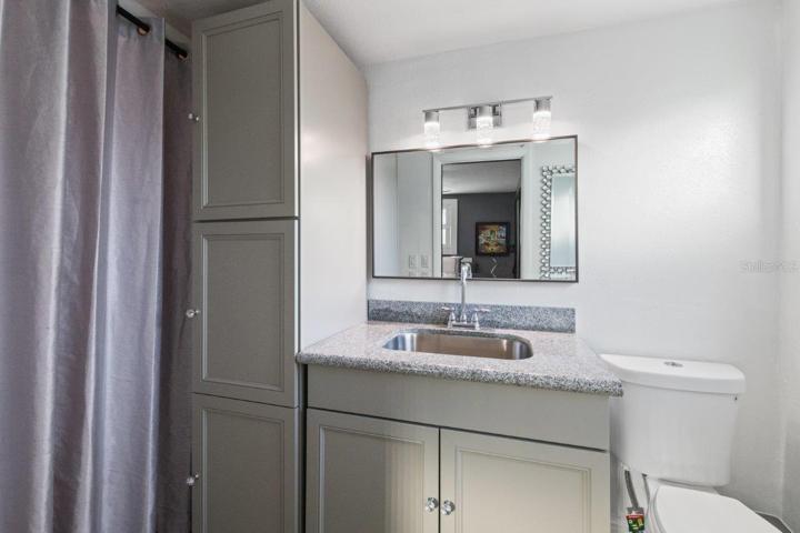Ensuite bathroom featuring a walk-in shower, and ample cabinetry.