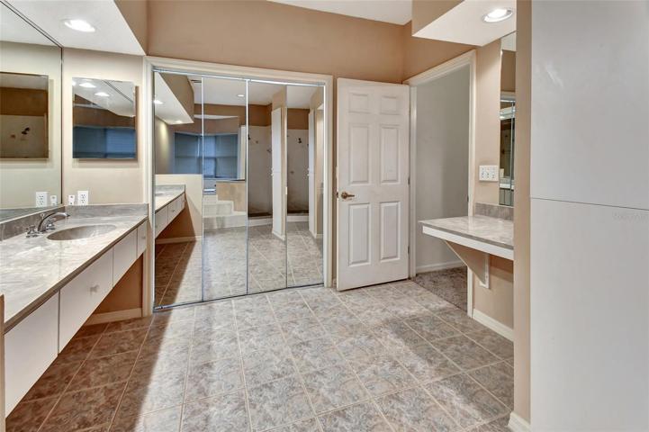 Master bath with vanity area and mirrored closet doors leading to walk in closet.