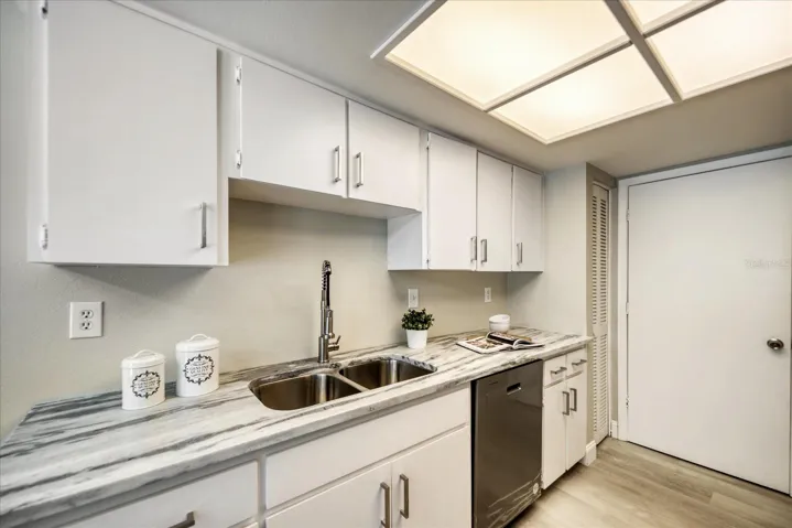 Fresh cabinet finish with new hardware and quartzite solid surface counters. Pantry closet & garage access door~