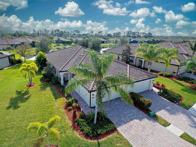 A view of the neighborhood from the sky and the well maintained yards.