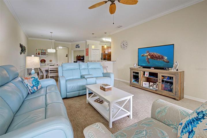 Open floor plan incorporates living and dining spaces.
