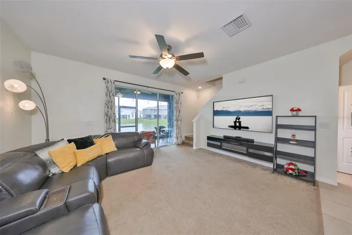 Bright and spacious living area with NEW carpet, ceiling fan and light has a wonderful WATER view.