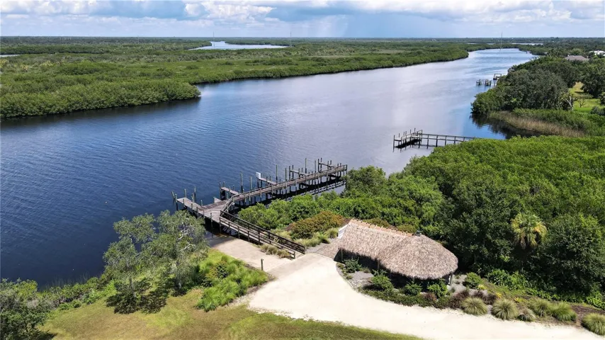Tiki hut and boat launch aerial
