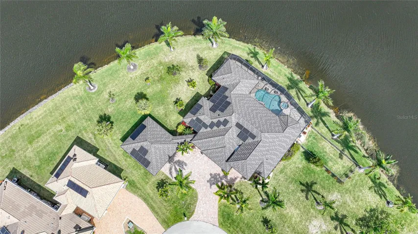 Overhead photo shows the solar panels that supply most of the electric for the home
