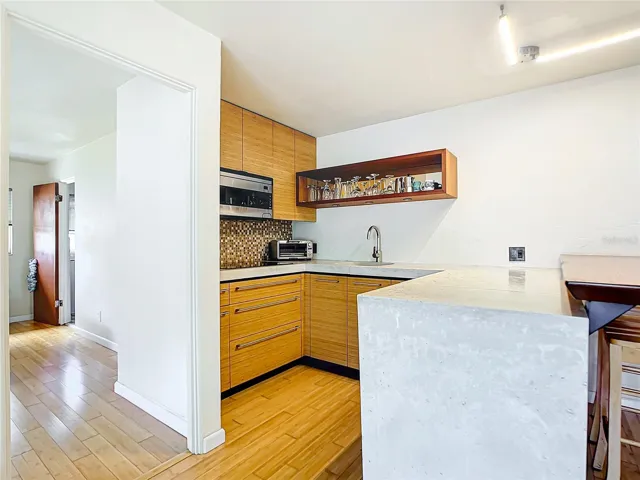 Notice how the custom bamboo cabinets blend so well with the bamboo flooring? From this view, the bedroom is towards your left. The door in the distance is to the retro/vintage lavatory.