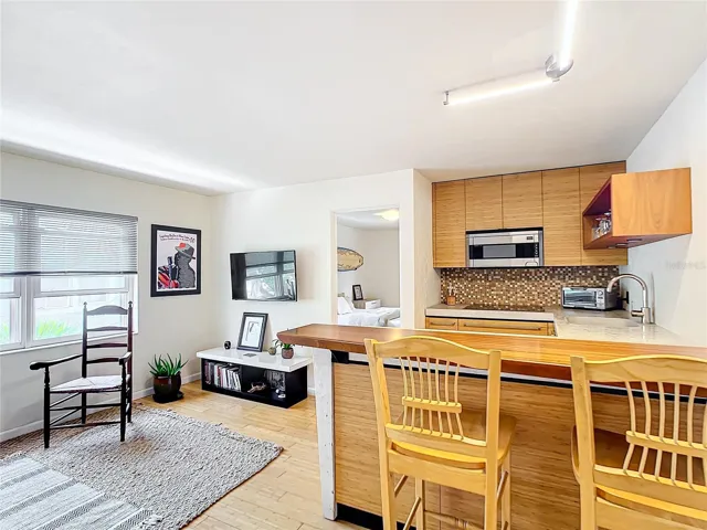 A better view of the kitchenette from  the front door. Those are custom made bamboo cabinets.