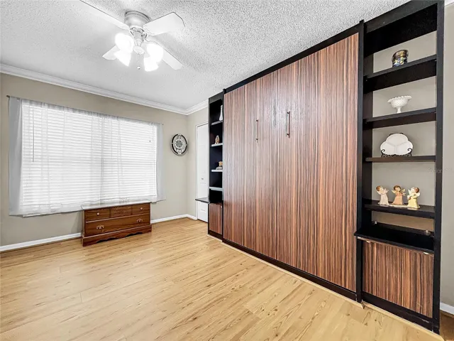 Hidden between shelves is Queen Size Murphy Bed