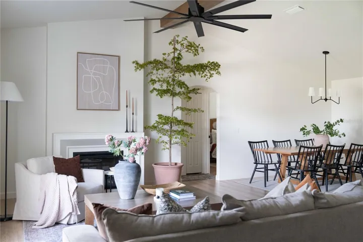 The entire home is painted in Alabaster, a warm white with creamy undertone. Beautiful vaulted ceiling- featuring a beautiful poplar wood faux beam that exudes charm, character, and sense of history.