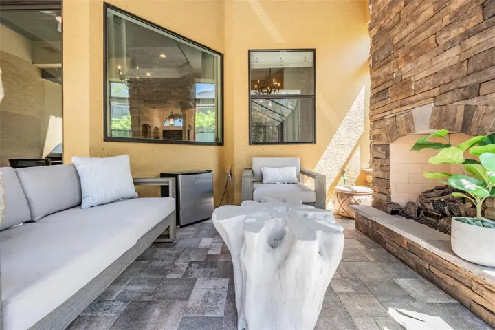 Built-in stacked-stone fireplace for year 'round use