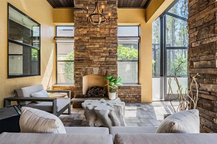 Stacked-stone fireplace and sitting area