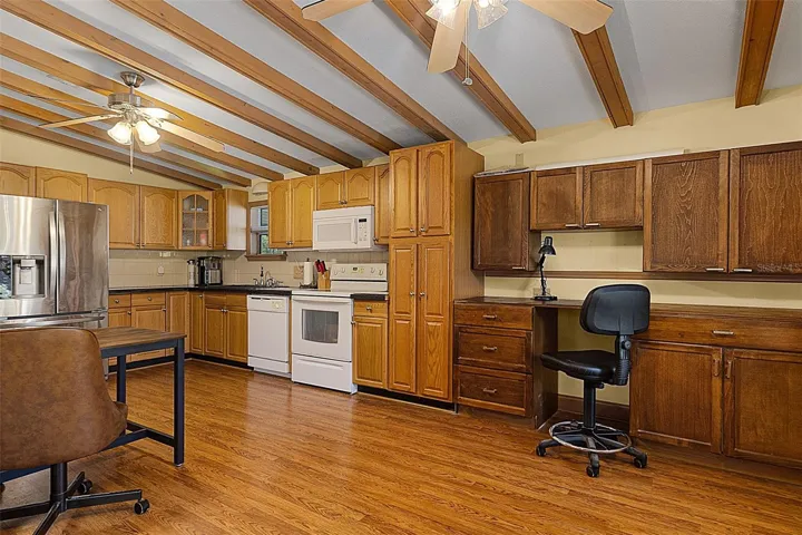 Kitchen with High Beam Ceiling