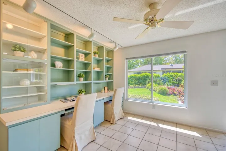 Custom built-in double desk with cabinet storage & shelves~