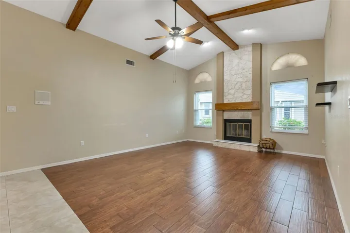 Wood burning fireplace in living room